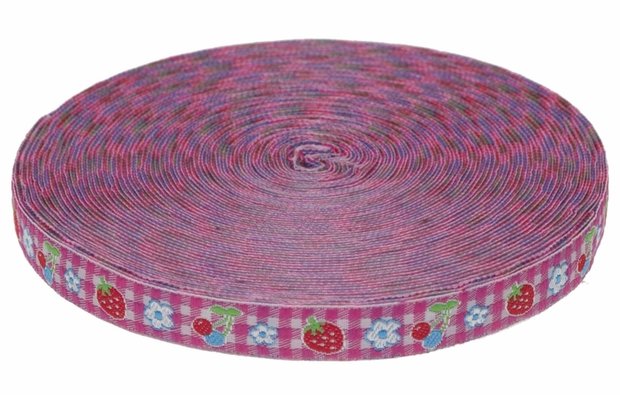 Fuchsia-wit geruit band met aardbei, kers en bloemetje 12 mm (ca. 22 m)