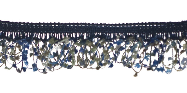 Elastisch franjeband met multicolor mini kwastjes donker blauw-blauw-grijs-legergroen ca. 30 mm (ca. 10 meter)