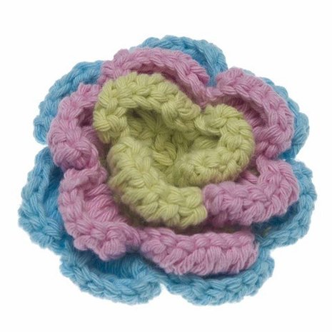 Gehaakte katoenen bloem pastel blauw, roze en groen ca. 60 mm (5 stuks)