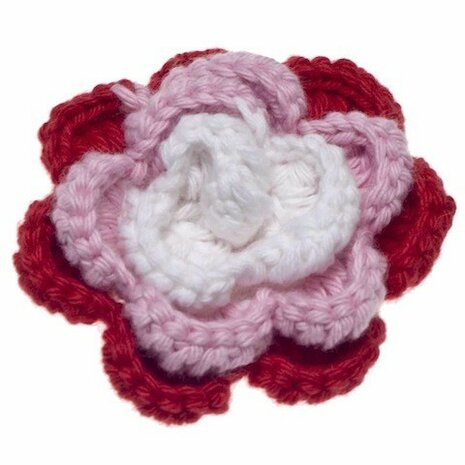 Gehaakte katoenen bloem rood, roze en wit ca. 60 mm (5 stuks)