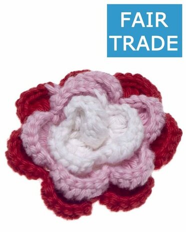 Gehaakte katoenen bloem rood, roze en wit ca. 60 mm (5 stuks)