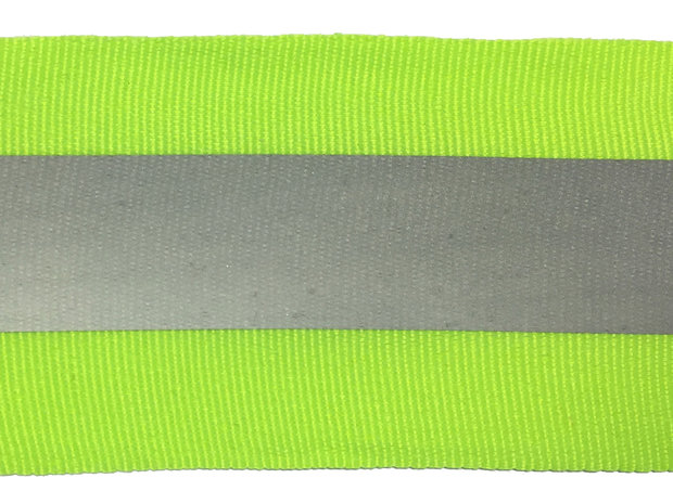 Fluoriserend geel/groene grosgrainband met reflectiestreep 50 mm (ca. 10 meter)