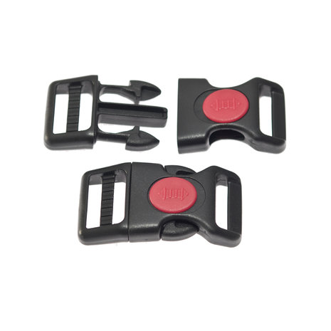 Adjustable curved safety side release buckle black plastic with red (round) center-lock 20 mm (10, 50, 100, ... pieces)