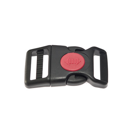Gebogen verstelbare klikgesp zwart kunststof met rode (ronde) veiligheidssluiting 25 mm (10, 50, 100, ... stuks)