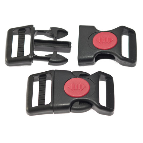 Adjustable curved safety side release buckle black plastic with red (round) center-lock 25 mm (10, 50, 100, ... pieces)