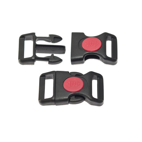 Curved safety side release buckle black plastic with red (round) center-lock 20 mm (10, 50, 100, ... pieces)