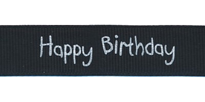 Zwart grosgrainband Happy Birthday 16 mm (ca. 20 m)