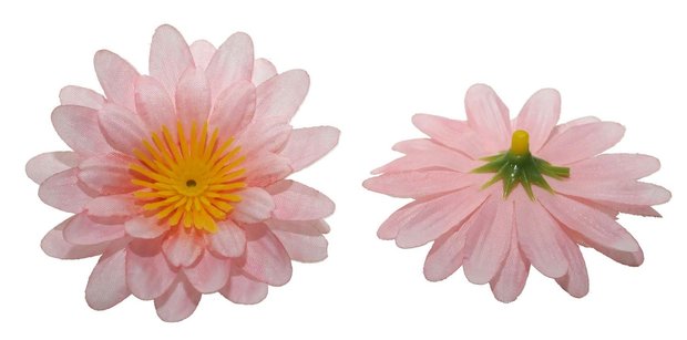 Gerbera licht zalm/roze stof klein ca. 6,5 cm (10 stuks) - voor- en achterzijde