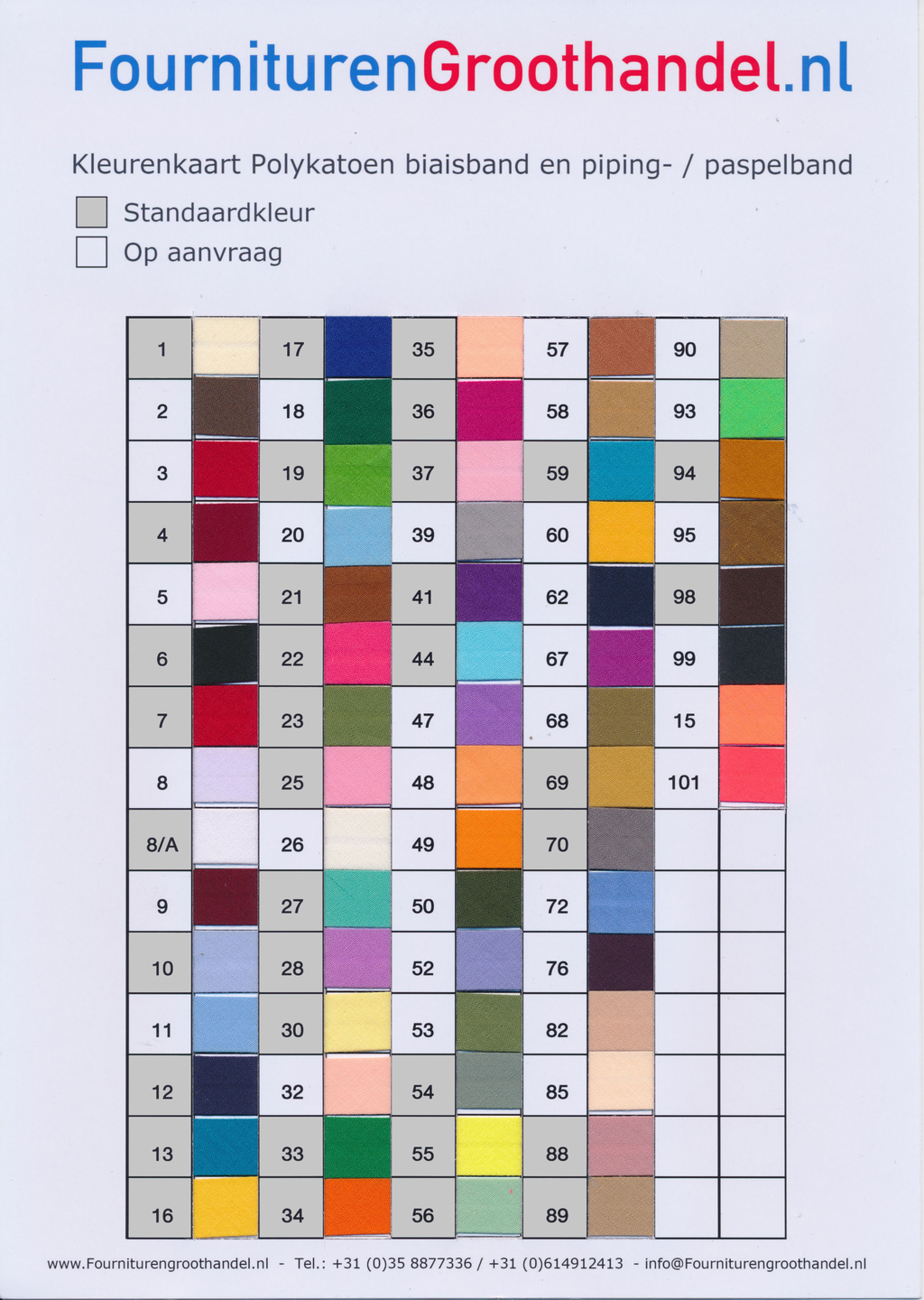 Kleurenkaart Polykatoen biaisband en piping-paspelband