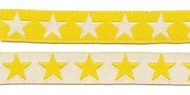 Geel sierband met witte sterren 2-zijdig 12 mm (ca. 22 m) Geel sierband met witte sterren 2-zijdig 12 mm (ca. 22 m)