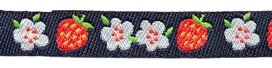 Donker blauw sierband met rode aardbeien en witte bloemetjes 12 mm (ca. 22 m) Donker blauw sierband met rode aardbeien en witte bloemetjes 12 mm (ca. 22 m)