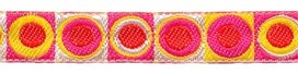Fuchsia-rood-geel-wit retro sierband 12 mm (ca. 22 m) Fuchsia-rood-geel-wit retro sierband 12 mm (ca. 22 m)