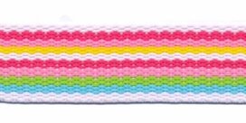 Wit-fuchsia-roze-geel-groen-blauw streep tassenband ca. 25 mm (ca. 45 m) Wit-fuchsia-roze-geel-groen-blauw streep tassenband ca. 25 mm (ca. 45 m)