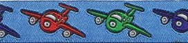 Blauw vliegtuigen sierband met rode, groene en donker blauwe vliegtuigjes 15 mm (ca. 22 m) Blauw vliegtuigen sierband met rode, groene en donker blauwe vliegtuigjes 15 mm (ca. 22 m)