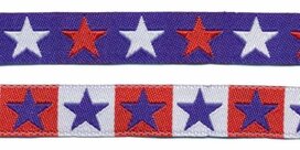 Blauw sierband met rode en witte sterren 2-zijdig 12 mm (ca. 22 m) Blauw sierband met rode en witte sterren 2-zijdig 12 mm (ca. 22 m)