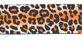 Tassen-/gitaarband 2-zijdig bedrukt 50 mm - panther print oranje/bruin (5 m) Tassen-/gitaarband 2-zijdig bedrukt 50 mm - panther print oranje/bruin (5 m)