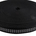 Tassenband 20 mm zwart met 3 reflecterende strepen 1,3 mm dik (25 m) Tassenband 20 mm zwart met 3 reflecterende strepen 1,3 mm dik (25 m)
