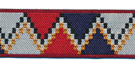 Sierband zig-zag motief rood-grijs-blauw-oranje 25 mm (ca. 22 m) Sierband zig-zag motief rood-grijs-blauw-oranje 25 mm (ca. 22 m)