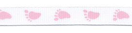 Wit grosgrainband met roze voetjes 10 mm (ca. 20 m) Wit grosgrainband met roze voetjes 10 mm (ca. 20 m)