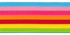 Blauw-roze-fuchsia-oranje-rood-geel-groen streep grosgrain/ribsband 30 mm (ca. 45 m) Blauw-roze-fuchsia-oranje-rood-geel-groen streep grosgrain/ribsband 30 mm (ca. 45 m)
