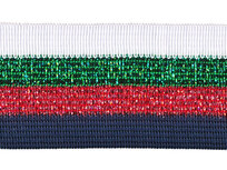 Wit-groen lurex-rood lurex-donker blauw sierband 40 mm (ca. 25 m) Wit-groen lurex-rood lurex-donker blauw sierband 40 mm (ca. 25 m)