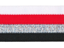Wit-rood-zilver lurex-zwart sierband 40 mm (ca. 25 m) Wit-rood-zilver lurex-zwart sierband 40 mm (ca. 25 m)