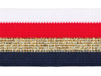 Wit-rood-goud lurex-donker blauw sierband 40 mm (ca. 25 m) Wit-rood-goud lurex-donker blauw sierband 40 mm (ca. 25 m)