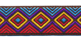 Sierband fantasy jacquard stijl rood-paars-geel-blauw 25 mm (ca. 22 m) Sierband fantasy jacquard stijl rood-paars-geel-blauw 25 mm (ca. 22 m)