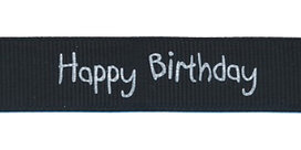 Zwart grosgrainband Happy Birthday 16 mm (ca. 20 m) Zwart grosgrainband Happy Birthday 16 mm (ca. 20 m)